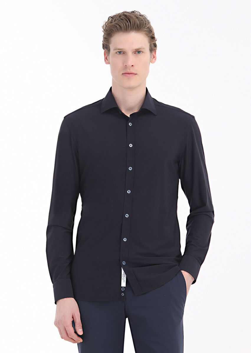 Navy Blue Plain Regular Fit Weaving Classical Shirt - 2