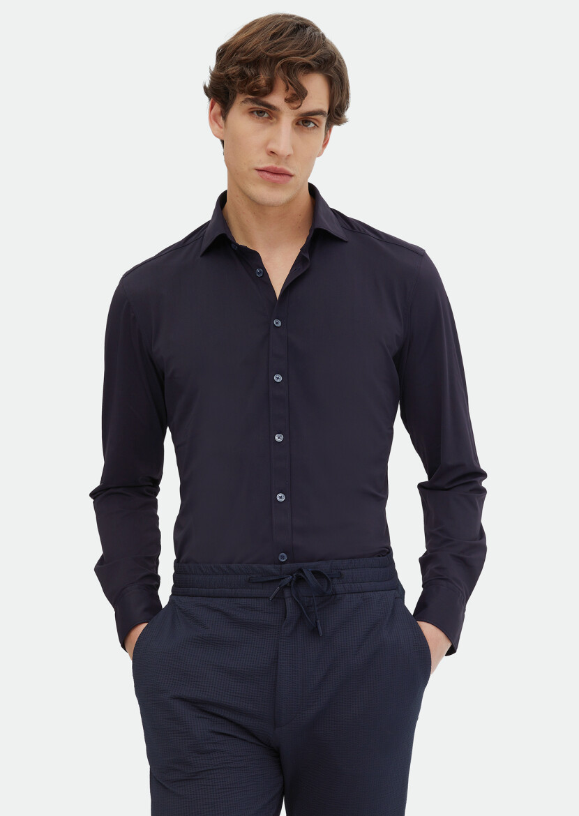 Navy Blue Plain Regular Fit Weaving Classical Shirt 