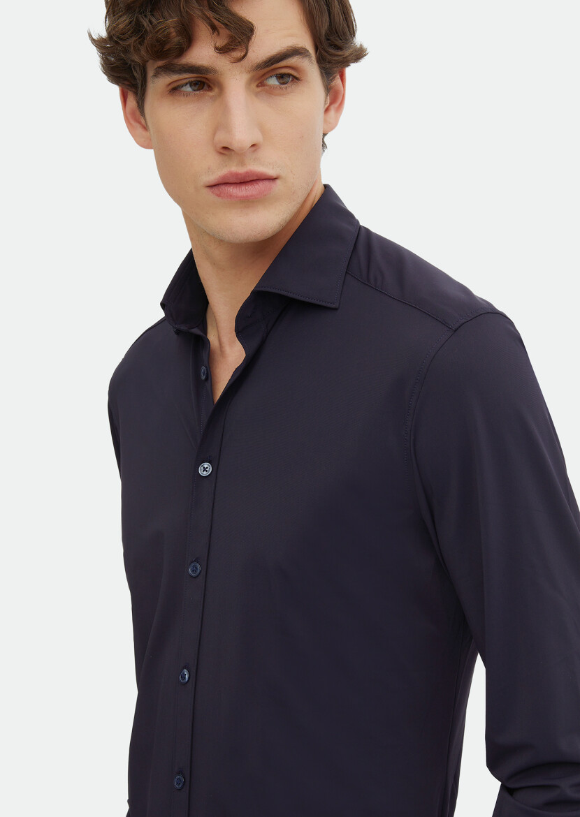 Navy Blue Plain Regular Fit Weaving Classical Shirt - 3