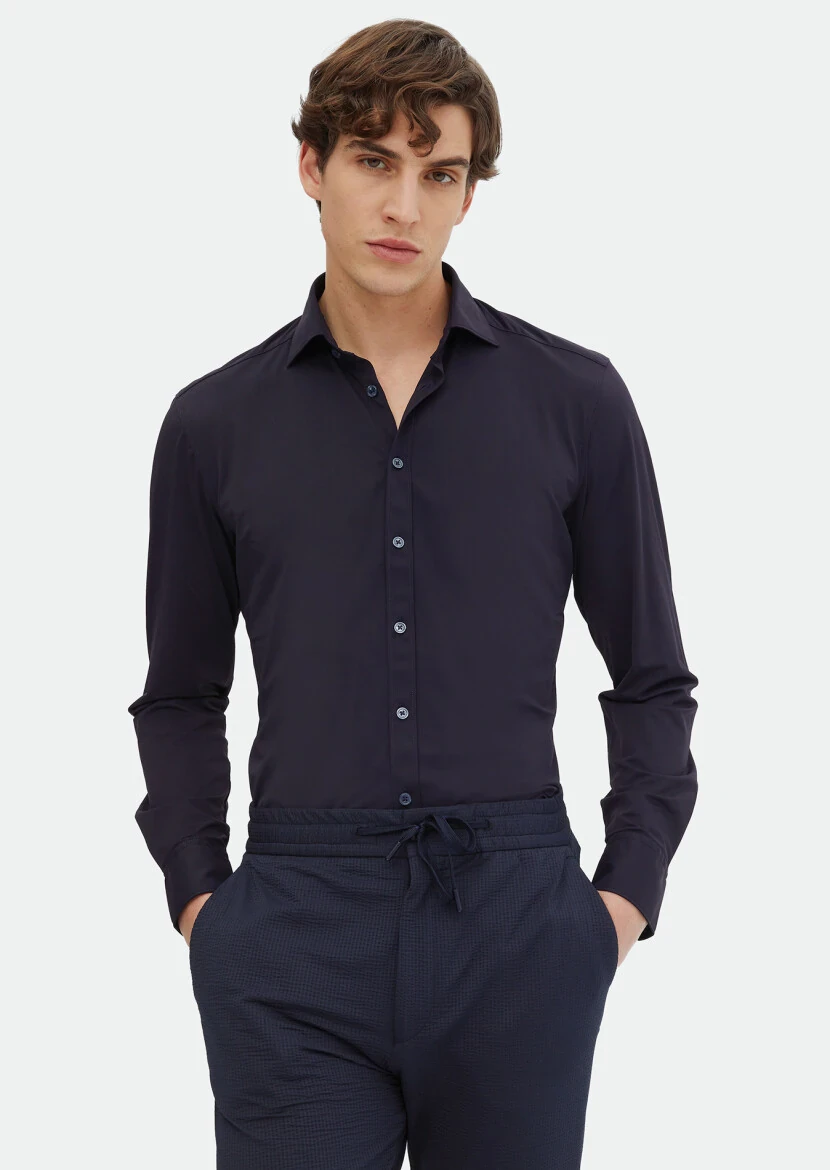 Navy Blue Plain Regular Fit Weaving Classical Shirt - RAMSEY