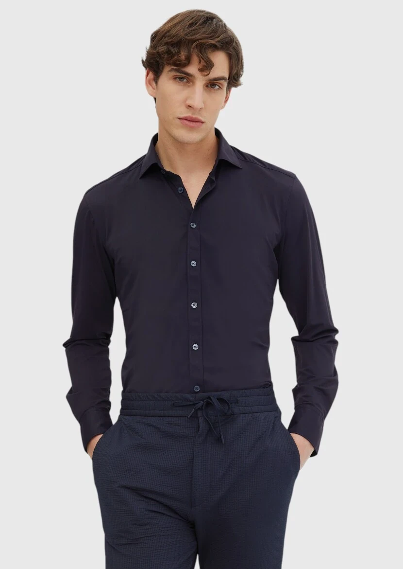 Navy Blue Plain Regular Fit Weaving Classical Shirt - RAMSEY