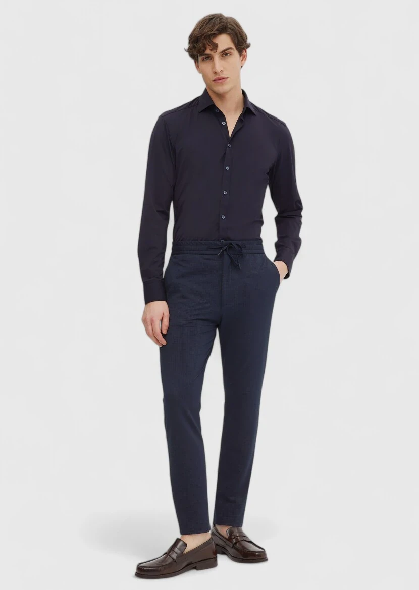 Navy Blue Plain Regular Fit Weaving Classical Shirt - 2