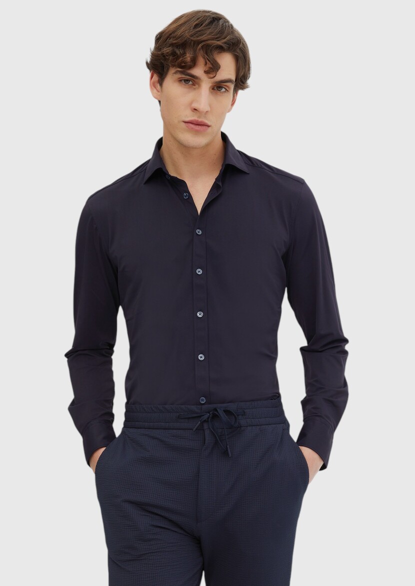 Navy Blue Plain Regular Fit Weaving Classical Shirt - 1