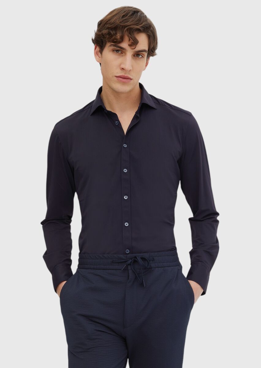 Navy Blue Plain Regular Fit Weaving Classical Shirt - 1