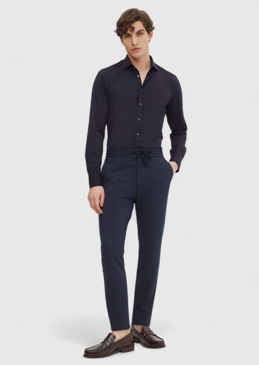 Navy Blue Plain Regular Fit Weaving Classical Shirt - 2