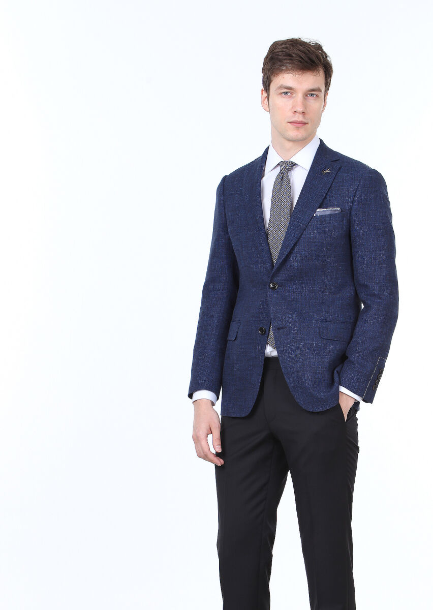 Navy Blue Plain Regular Fit Wool Blended Jacket - 3