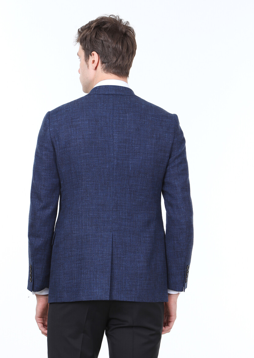 Navy Blue Plain Regular Fit Wool Blended Jacket - 5