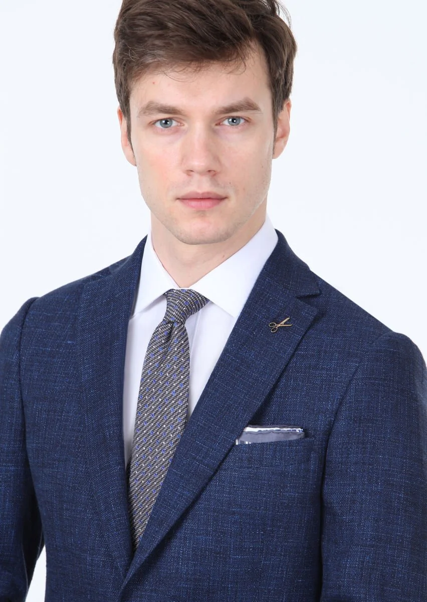 Navy Blue Plain Regular Fit Wool Blended Jacket - 1