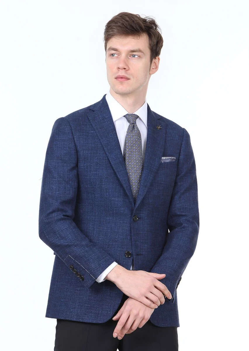 Navy Blue Plain Regular Fit Wool Blended Jacket - 2
