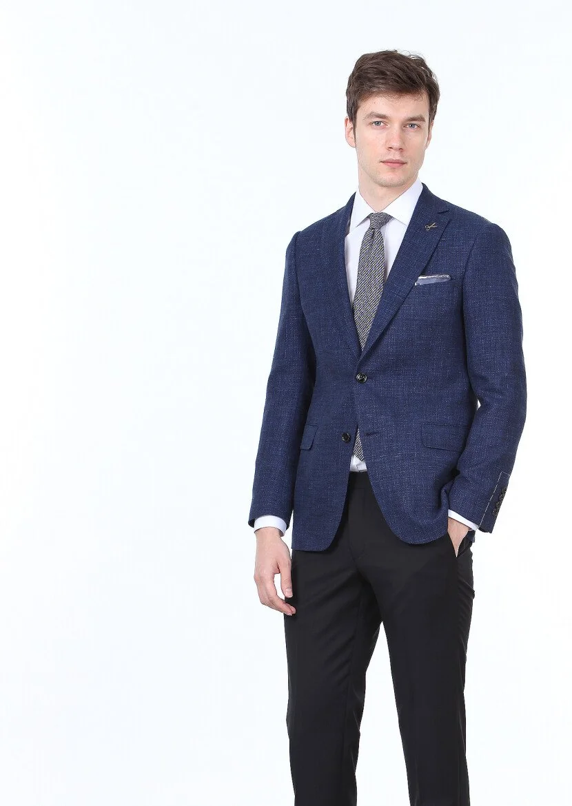 Navy Blue Plain Regular Fit Wool Blended Jacket - 3