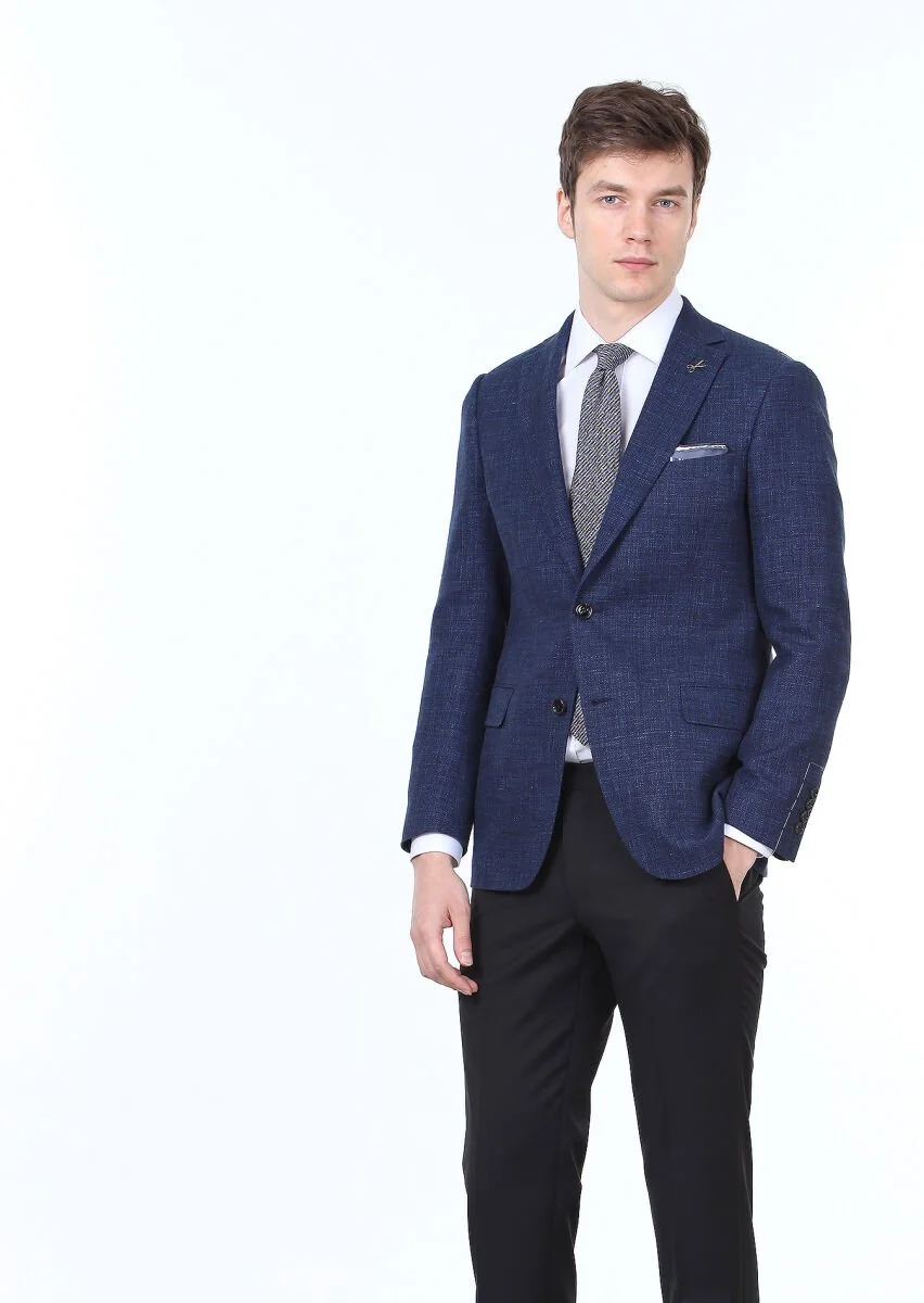 Navy Blue Plain Regular Fit Wool Blended Jacket - 3