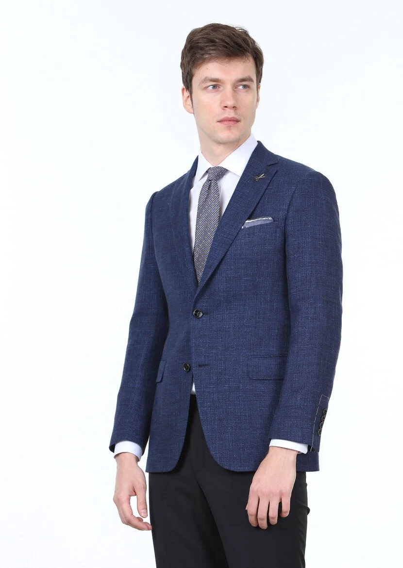 Navy Blue Plain Regular Fit Wool Blended Jacket - 4