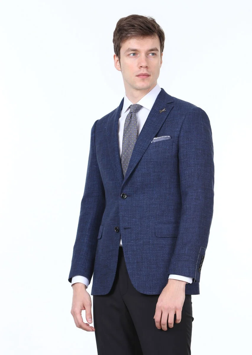 Navy Blue Plain Regular Fit Wool Blended Jacket - 4