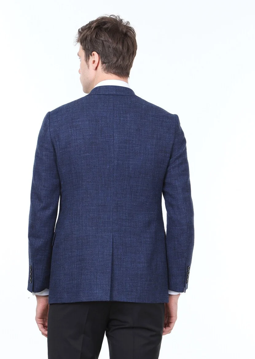 Navy Blue Plain Regular Fit Wool Blended Jacket - 5