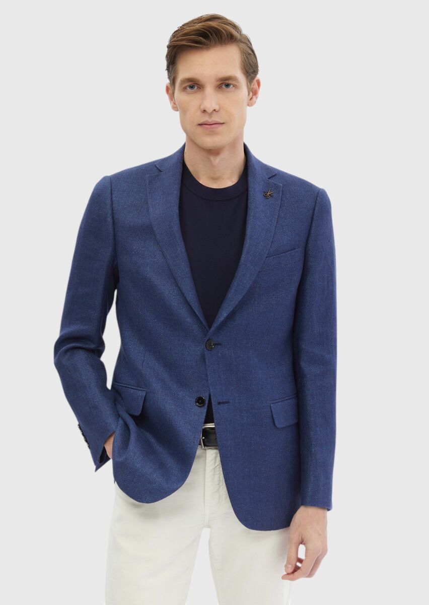 Navy Blue Plain Regular Fit Wool Blended Jacket - 1