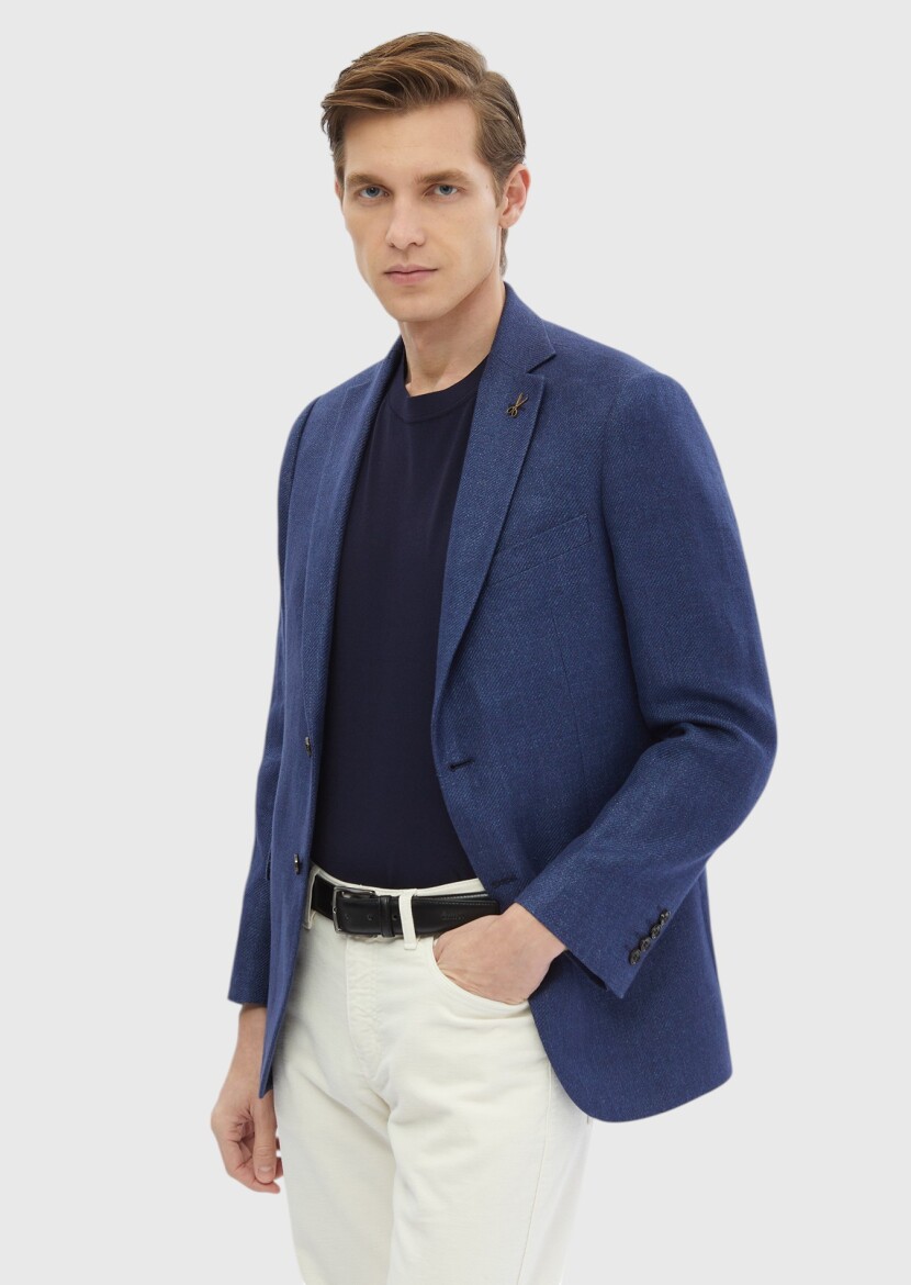 Navy Blue Plain Regular Fit Wool Blended Jacket - 3