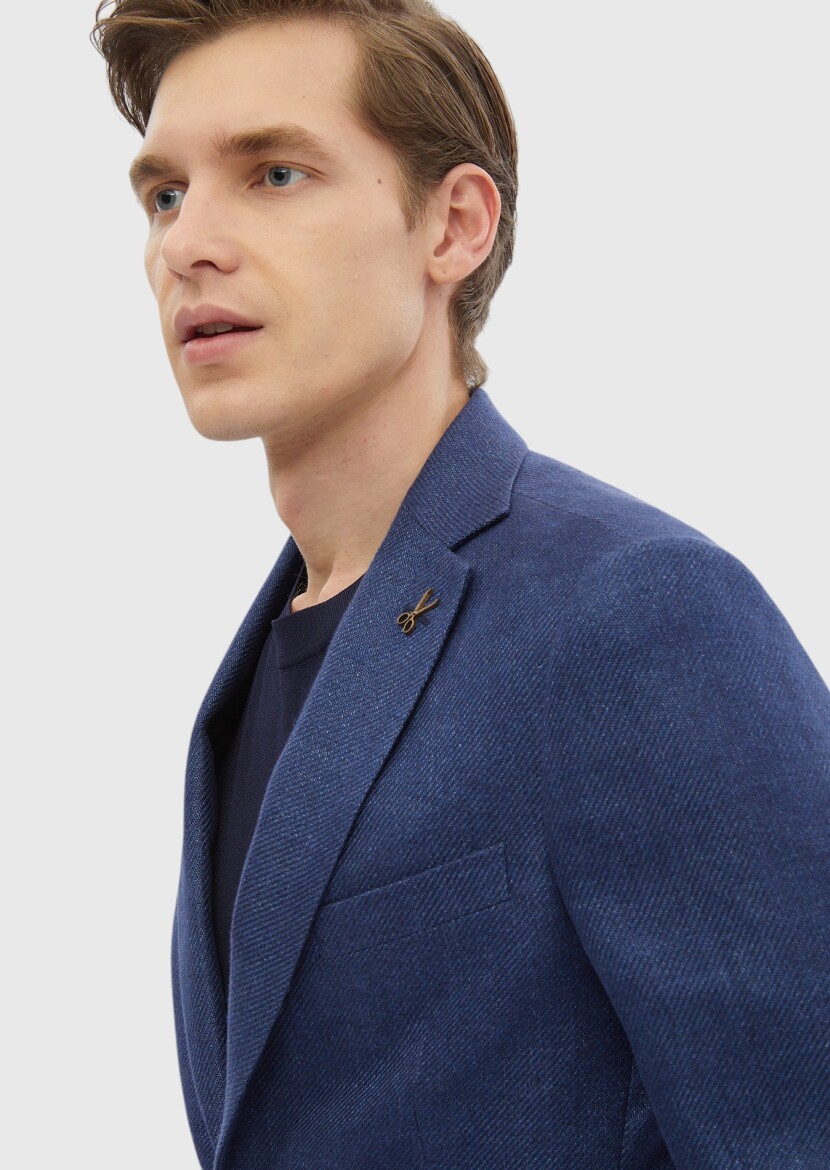 Navy Blue Plain Regular Fit Wool Blended Jacket - 6