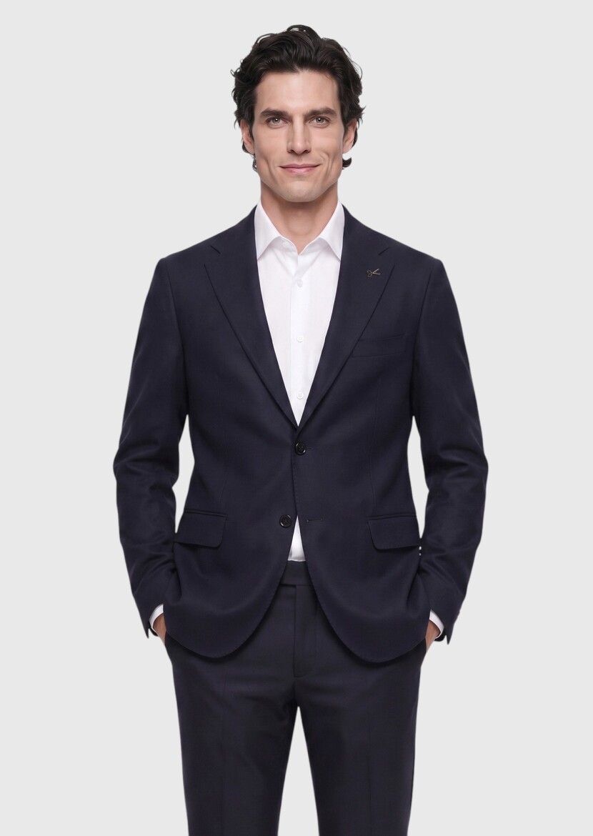Navy Blue Plain Regular Fit Wool Blended Jacket - RAMSEY