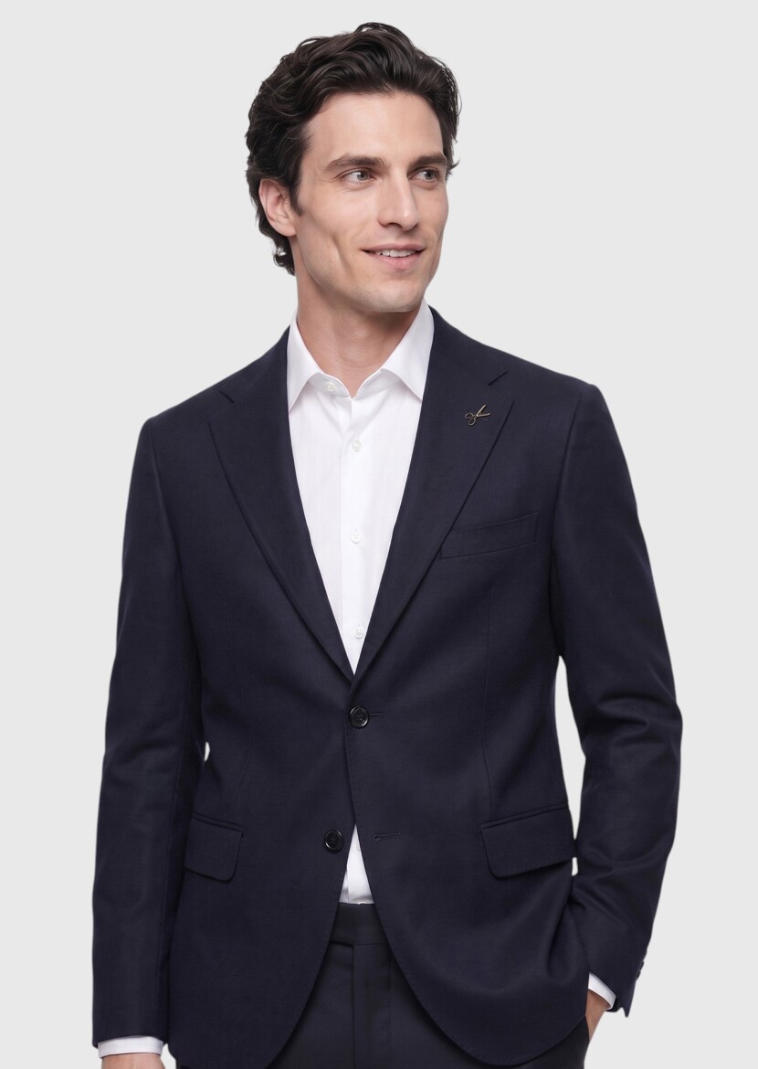 Navy Blue Plain Regular Fit Wool Blended Jacket - RAMSEY