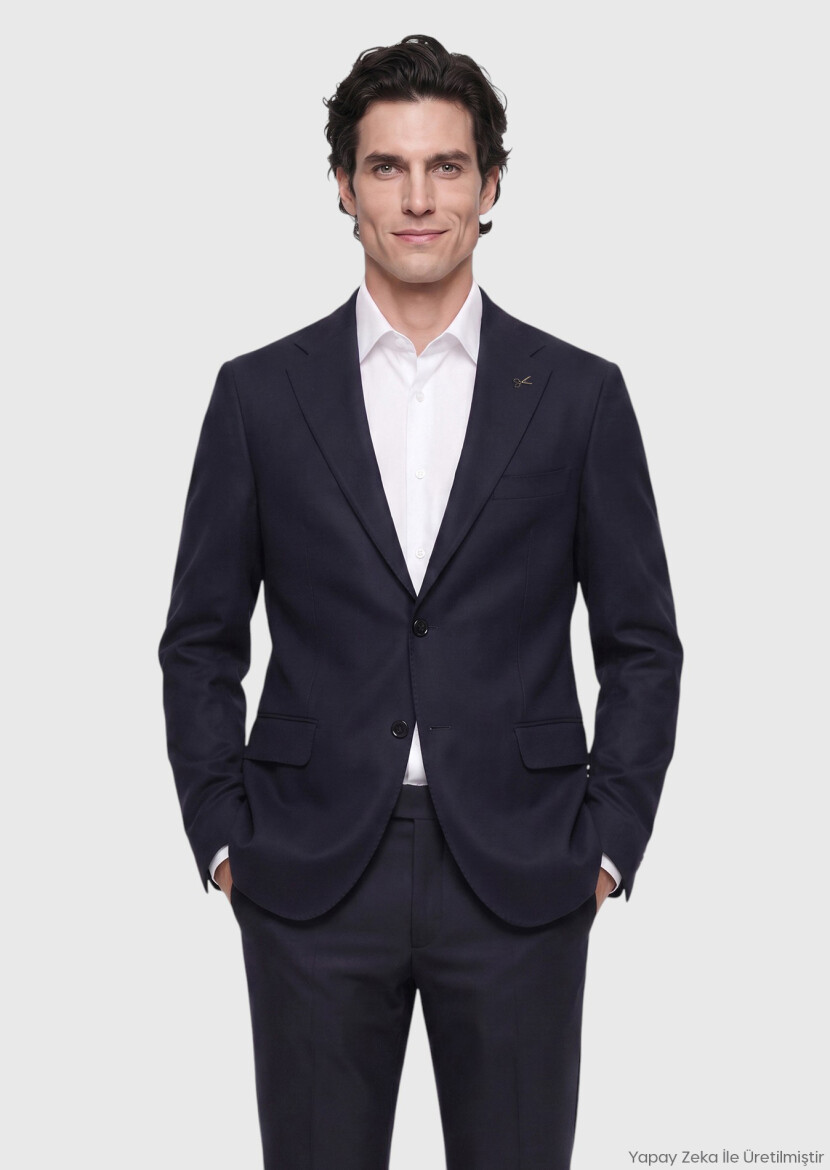 Navy Blue Plain Regular Fit Wool Blended Jacket - RAMSEY