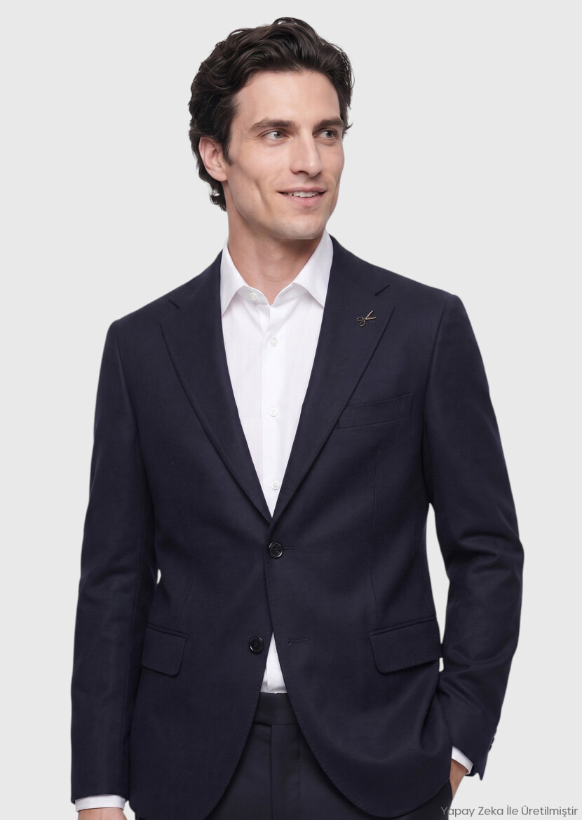 Navy Blue Plain Regular Fit Wool Blended Jacket - RAMSEY