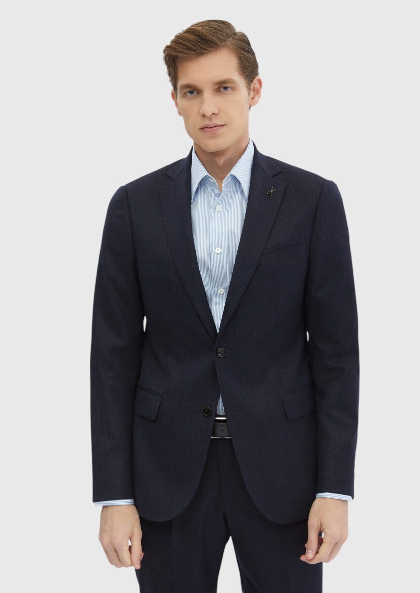 Navy Blue Plain Regular Fit Wool Blended Suit - 1