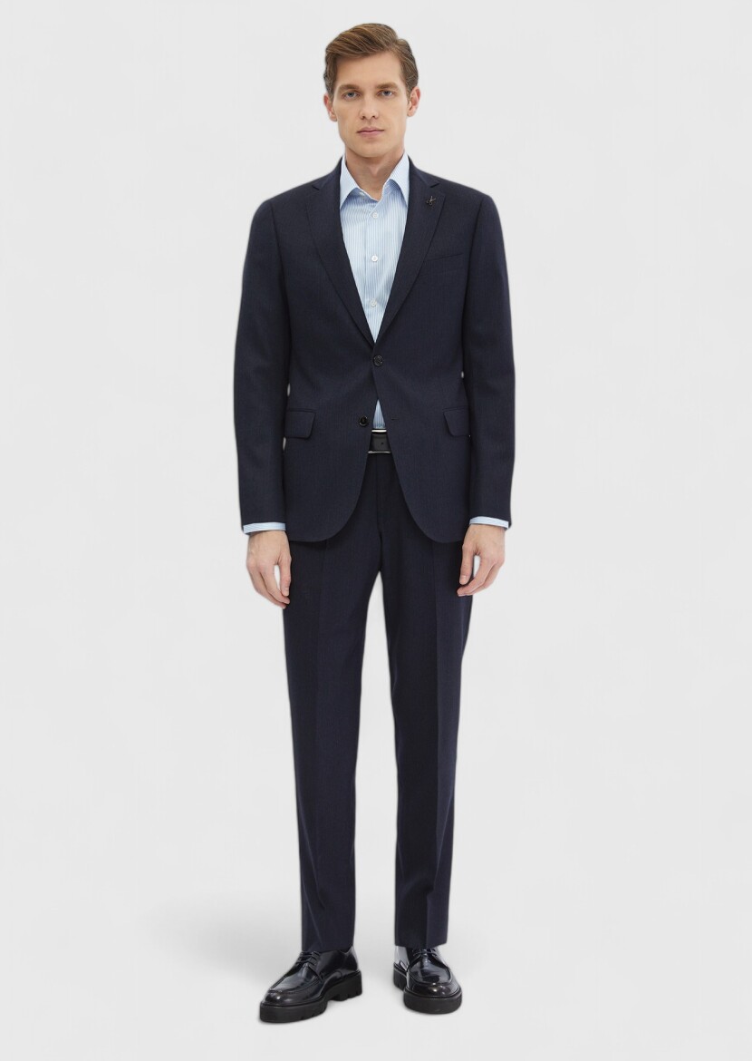 Navy Blue Plain Regular Fit Wool Blended Suit - 2