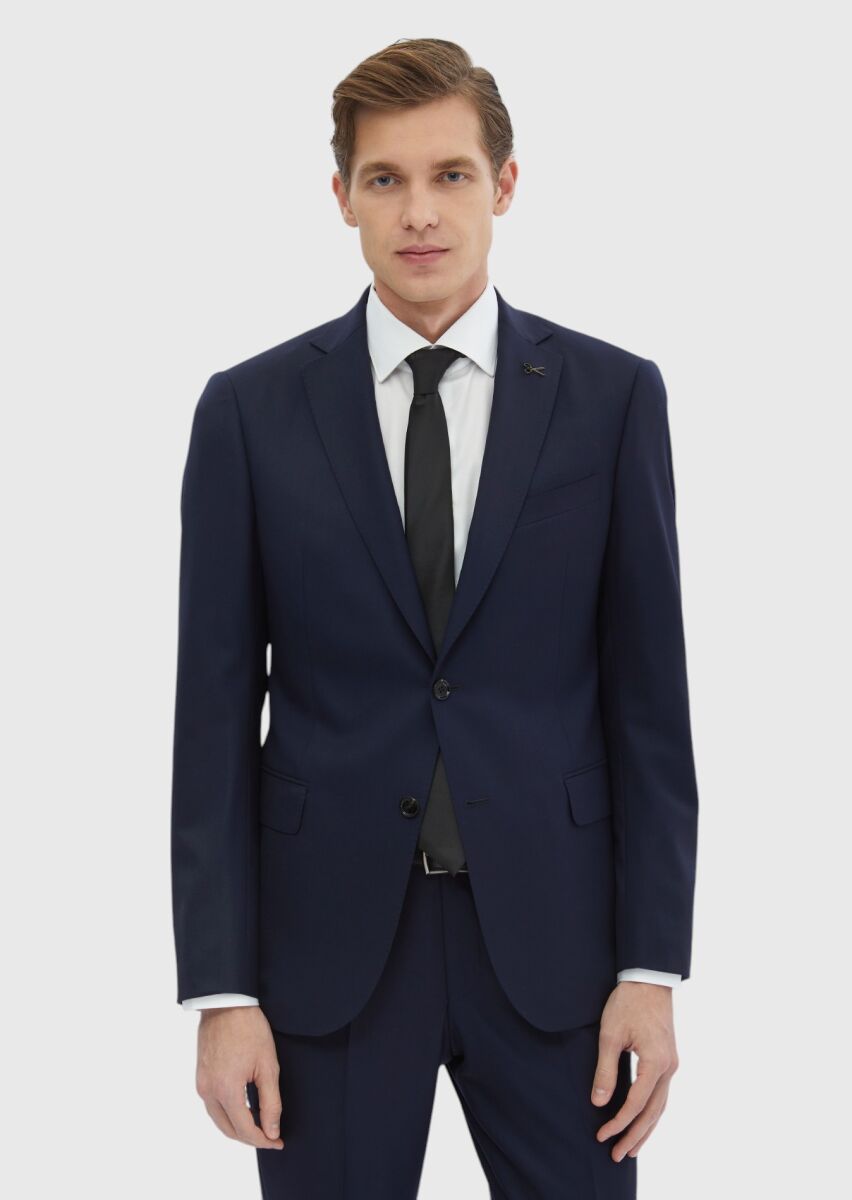 Navy Blue Plain Regular Fit Wool Blended Suit - 1