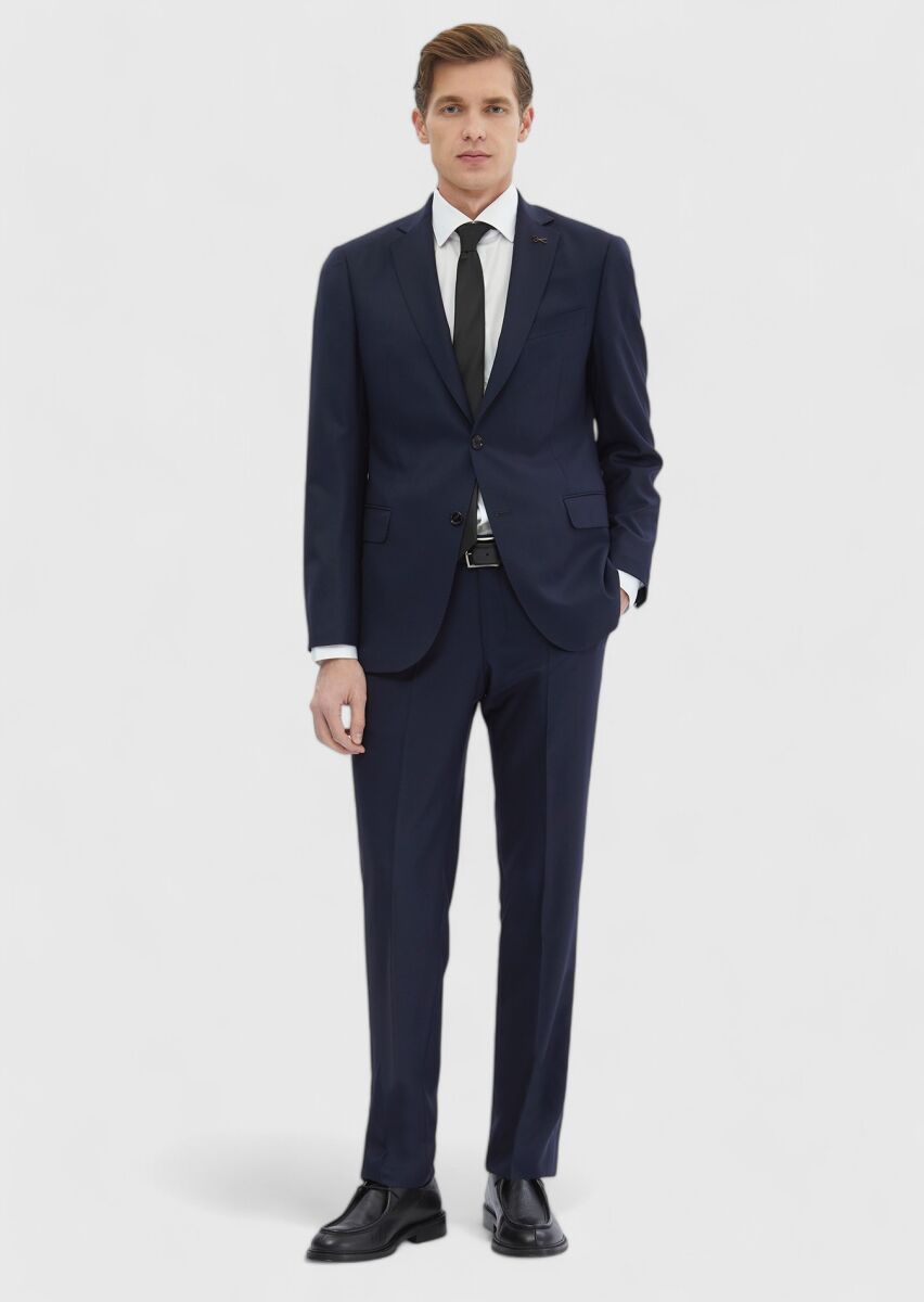 Navy Blue Plain Regular Fit Wool Blended Suit - 2