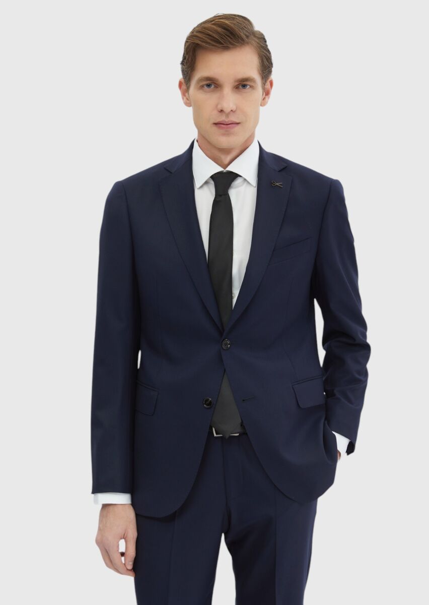 Navy Blue Plain Regular Fit Wool Blended Suit - 3