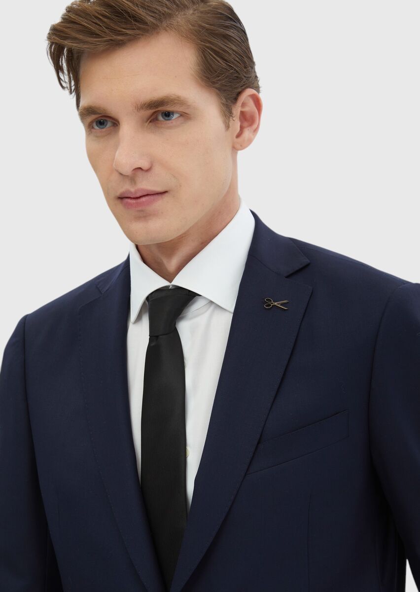 Navy Blue Plain Regular Fit Wool Blended Suit - 4