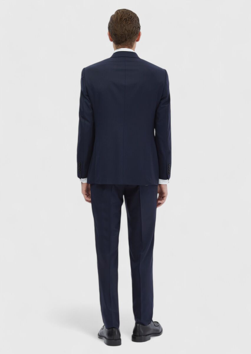 Navy Blue Plain Regular Fit Wool Blended Suit - 7