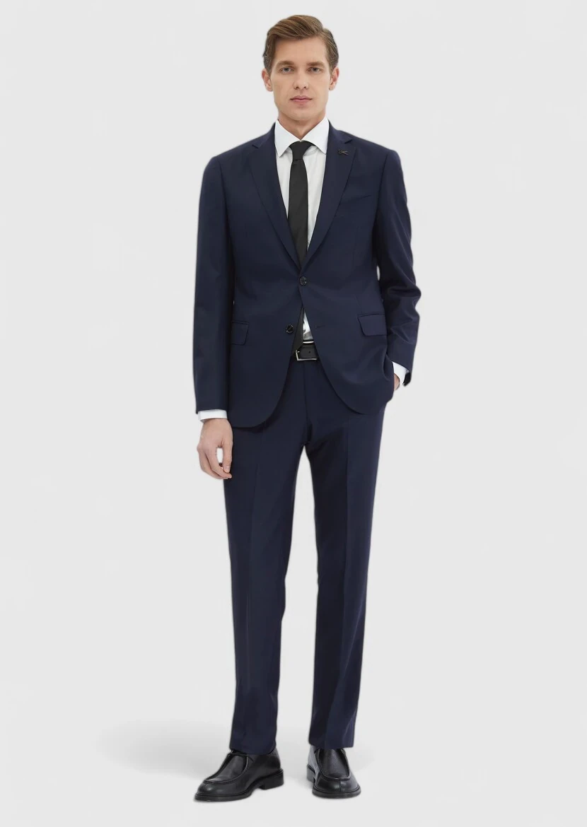 Navy Blue Plain Regular Fit Wool Blended Suit - RAMSEY