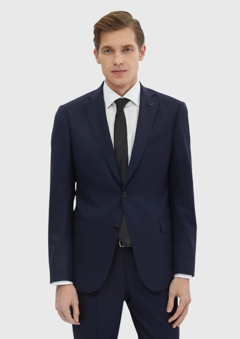 Navy Blue Plain Regular Fit Wool Blended Suit - RAMSEY