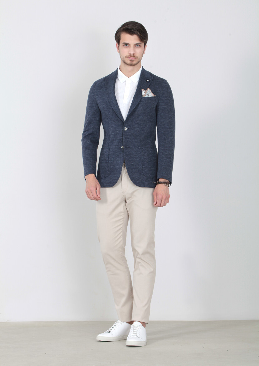 Navy Blue Plain Shirt Sholuder-Slim Fit Cotton Blended Jacket - 1