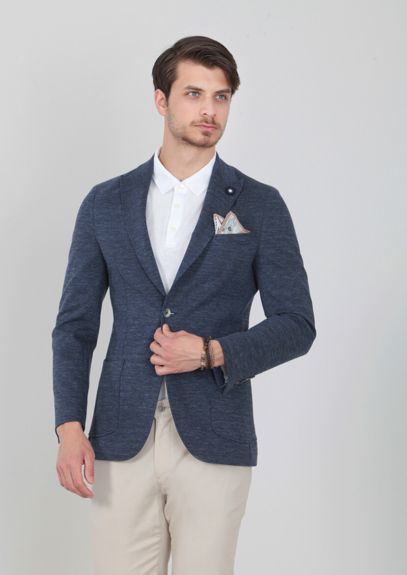 Navy Blue Plain Shirt Sholuder-Slim Fit Cotton Blended Jacket - 2