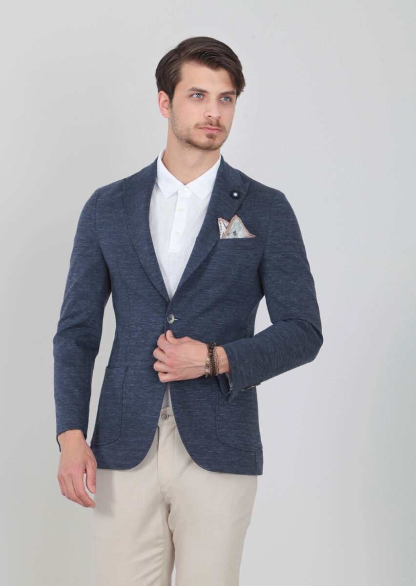 Navy Blue Plain Shirt Sholuder-Slim Fit Cotton Blended Jacket - 2