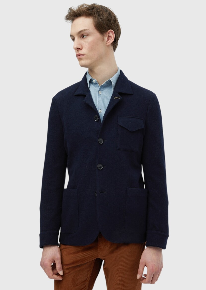 Navy Blue Plain Shirt Shoulder Slim Fit 100% Wool Jacket - RAMSEY