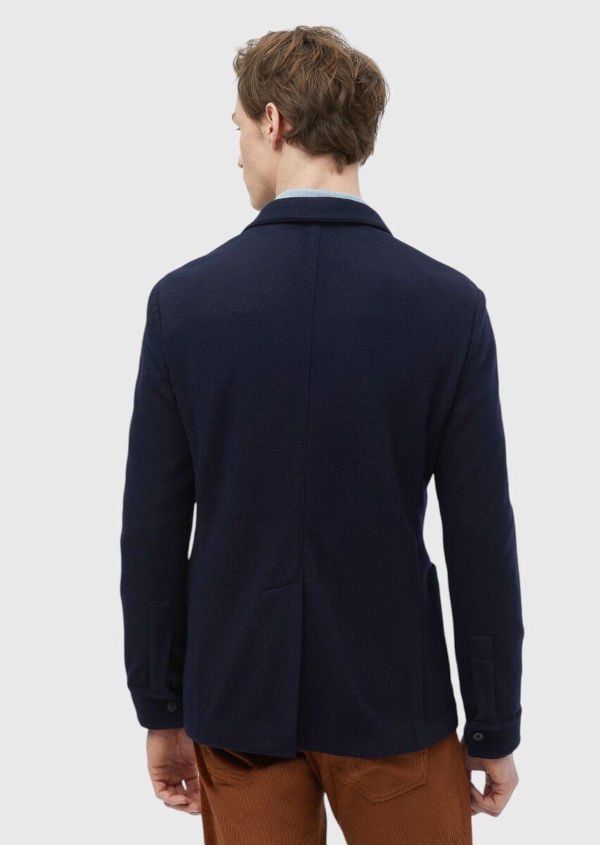 Navy Blue Plain Shirt Shoulder Slim Fit 100% Wool Jacket - 6