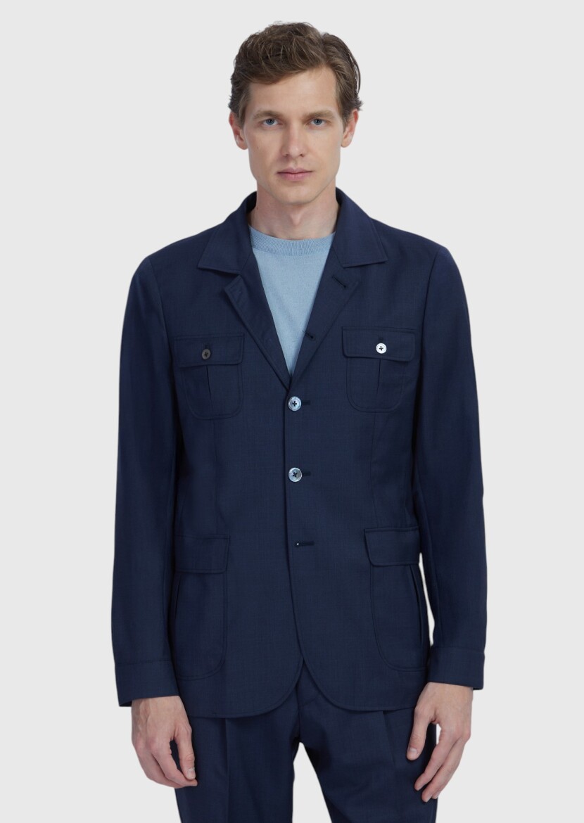 Navy Blue Plain Shirt Shoulder Slim Fit 100% Wool Jacket - 1