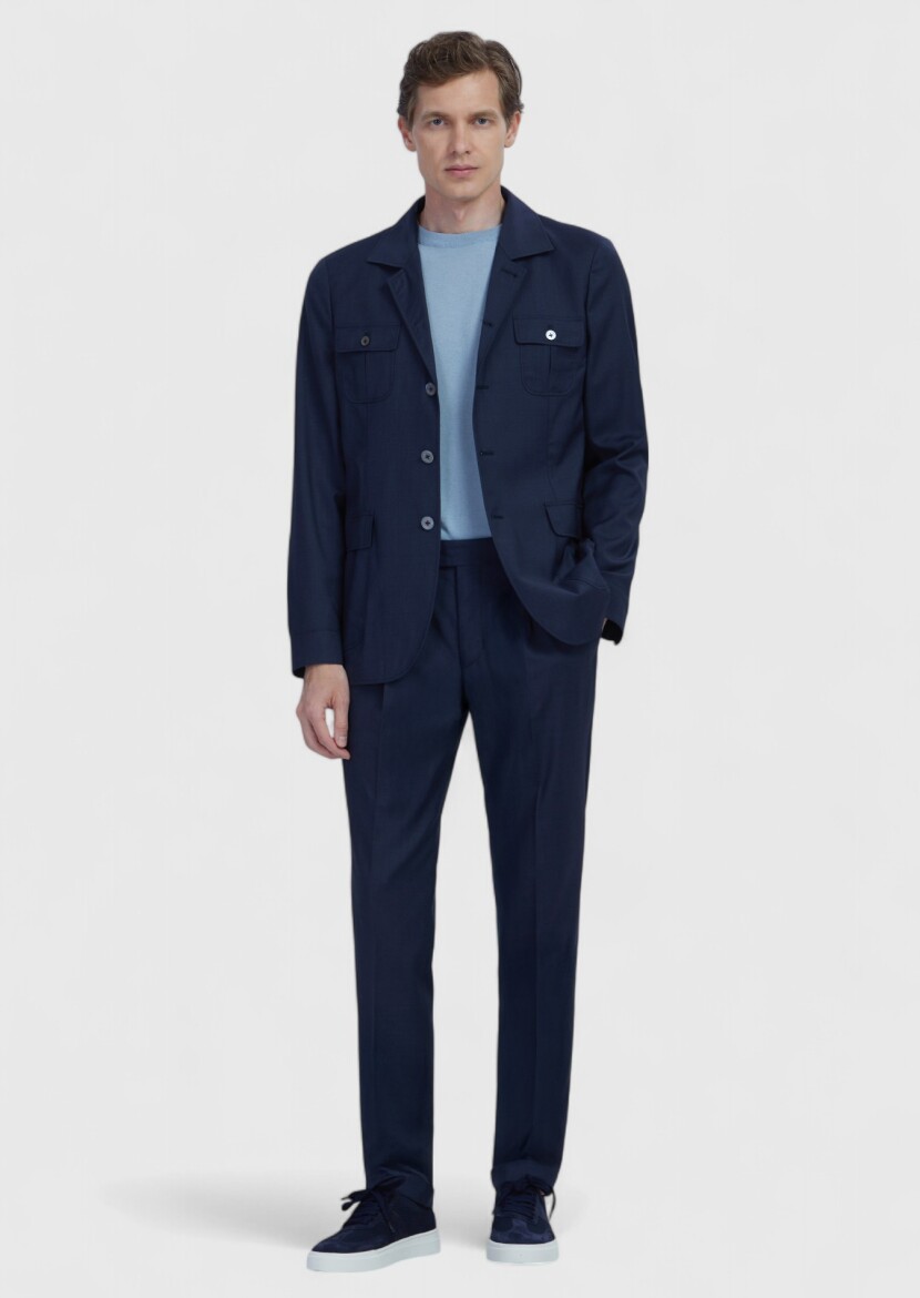 Navy Blue Plain Shirt Shoulder Slim Fit 100% Wool Jacket - 2