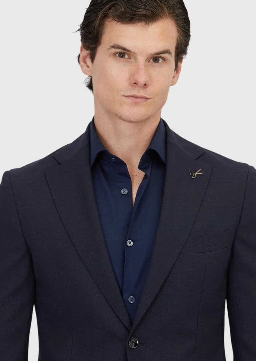 Navy Blue Plain Shirt Shoulder Slim Fit 100% Wool Jacket - 3