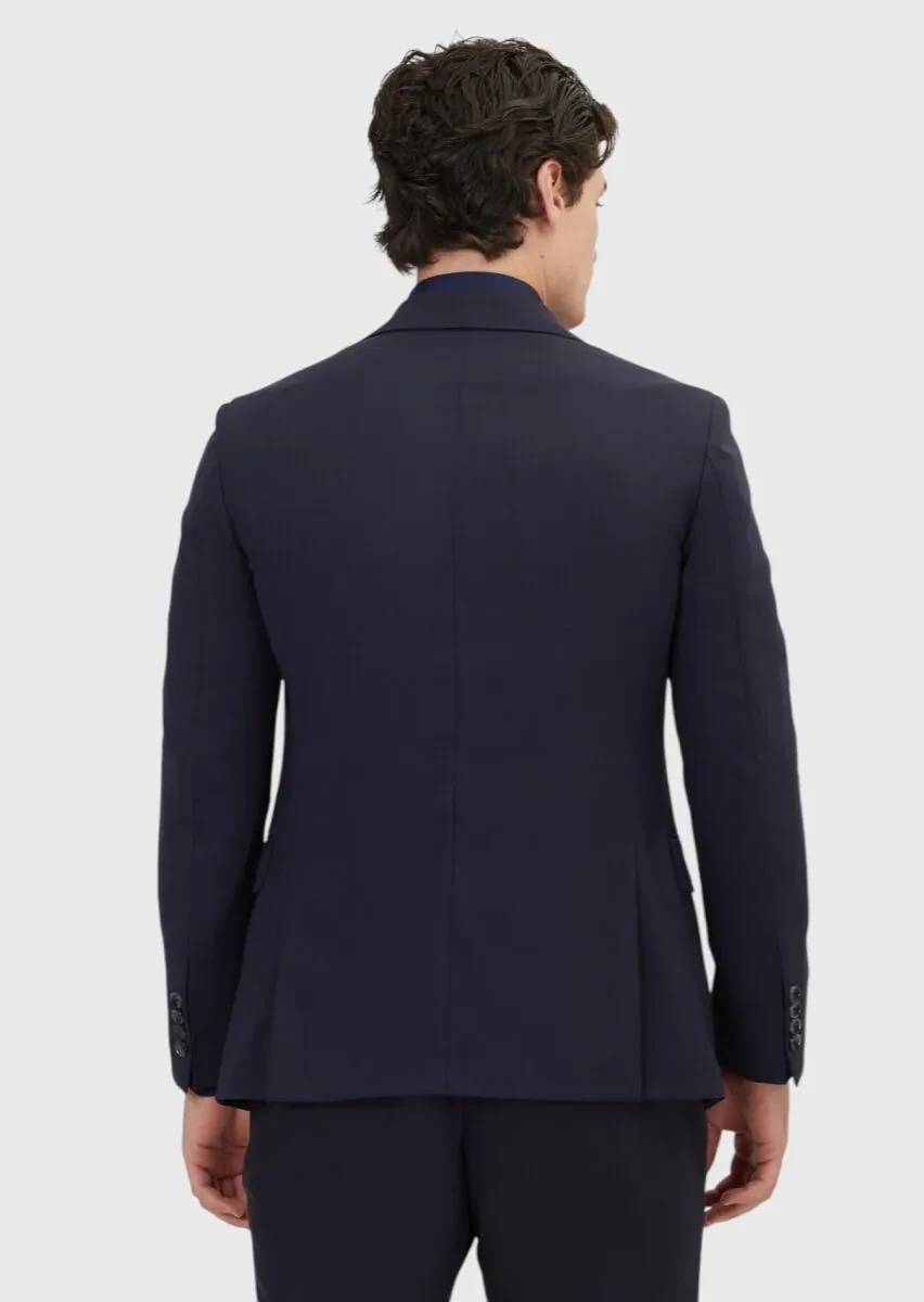Navy Blue Plain Shirt Shoulder Slim Fit 100% Wool Jacket - 5