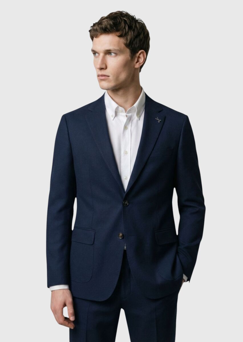 Navy Blue Plain Shirt Shoulder Slim Fit 100% Wool Jacket - 3