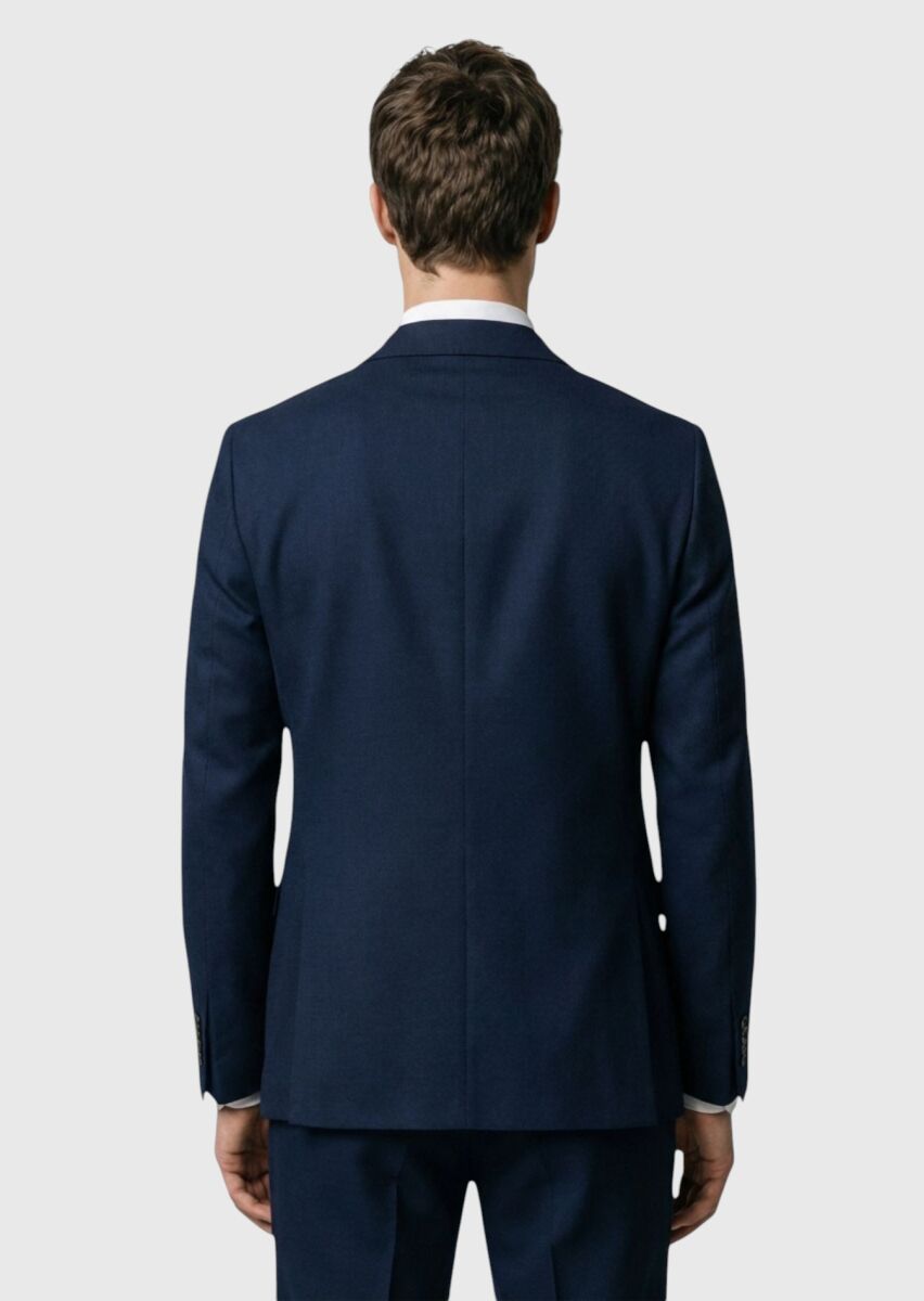 Navy Blue Plain Shirt Shoulder Slim Fit 100% Wool Jacket - 4