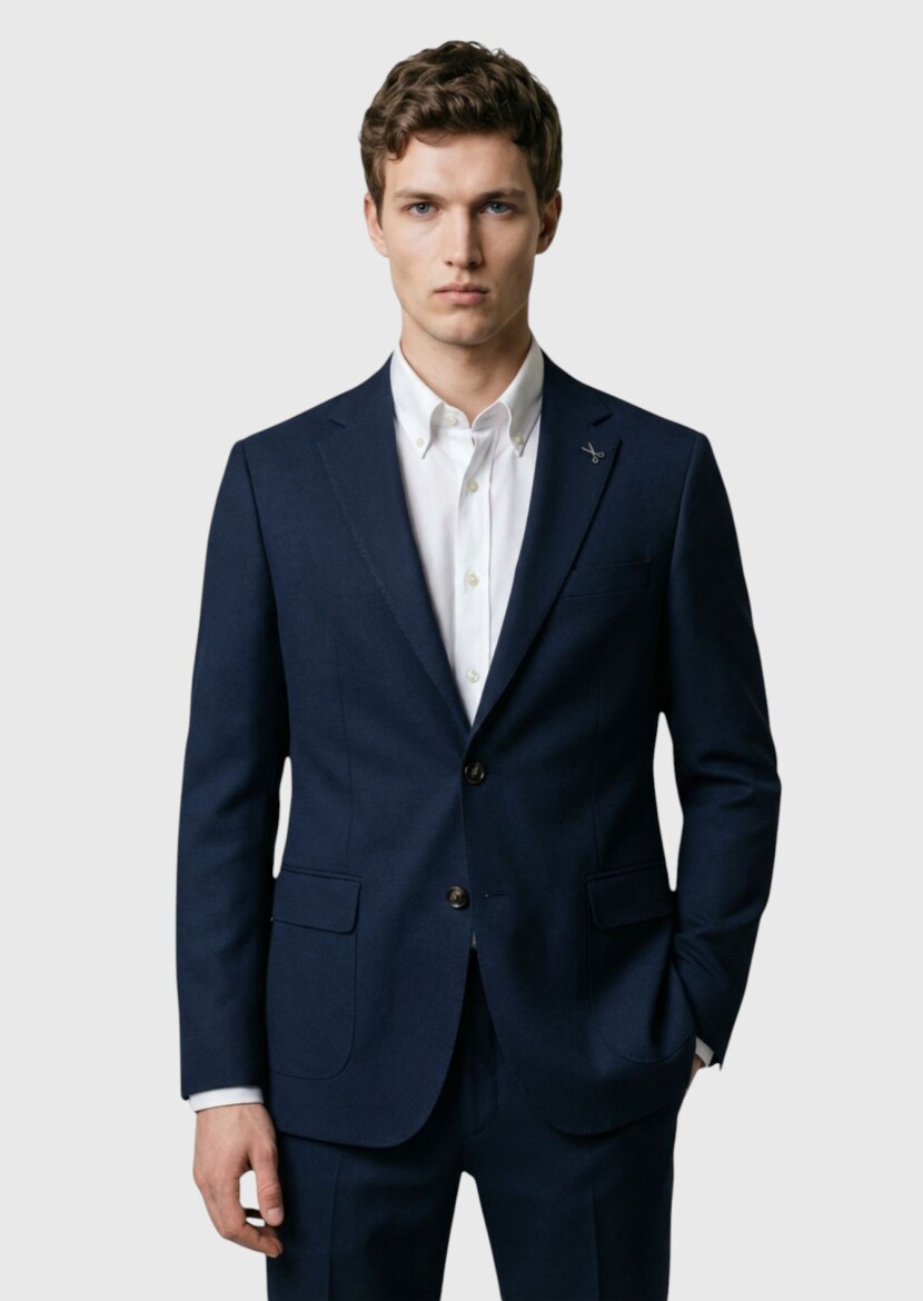 Navy Blue Plain Shirt Shoulder Slim Fit 100% Wool Jacket - RAMSEY