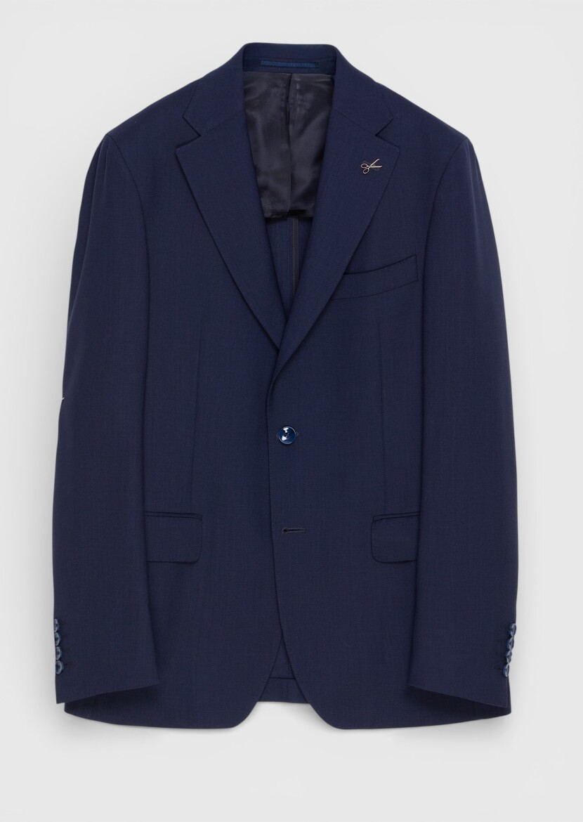 Navy Blue Plain Shirt Shoulder Slim Fit 100% Wool Jacket - 5