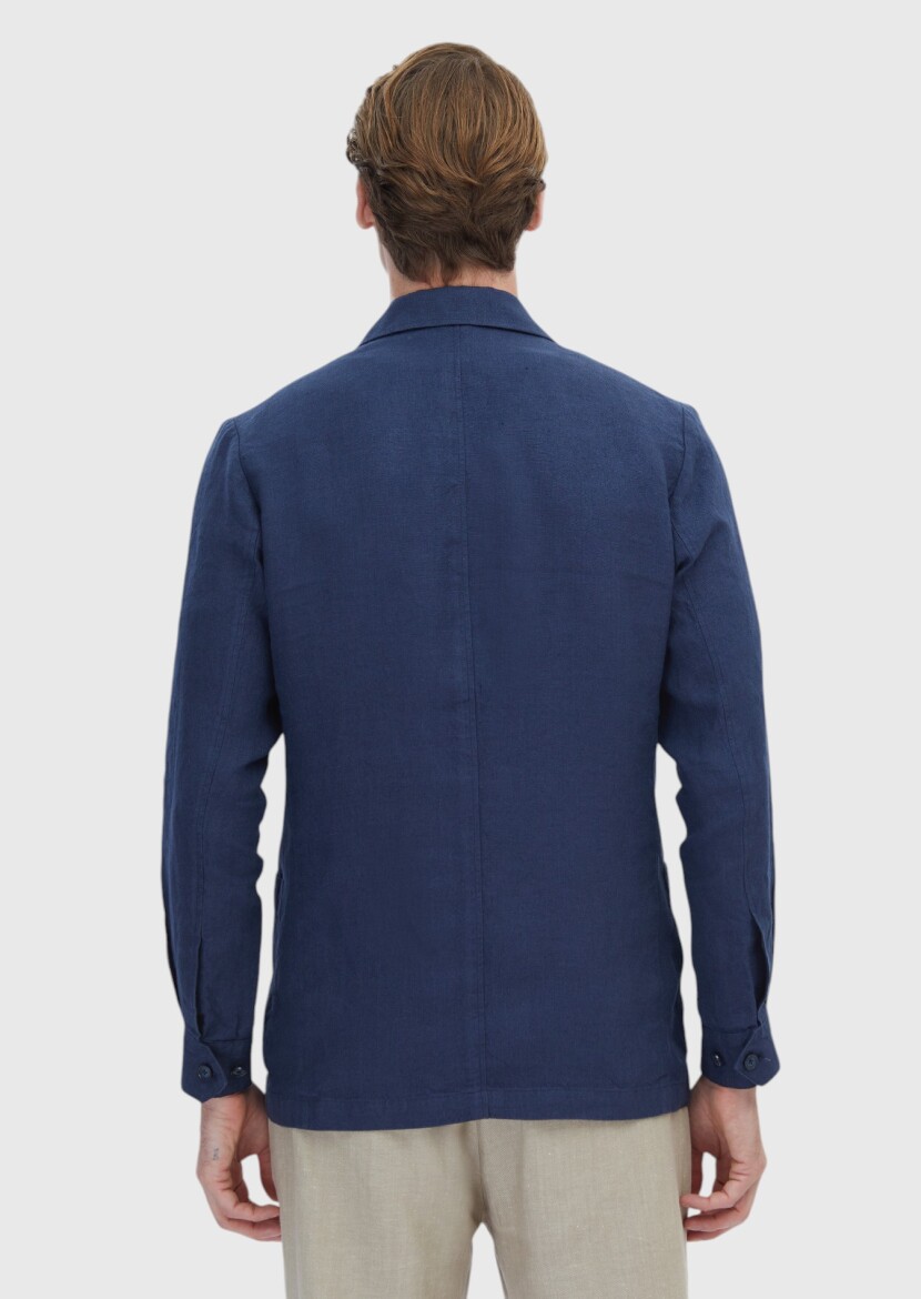 Navy Blue Plain Shirt Shoulder Slim Fit Cotton Blended Jacket - 6