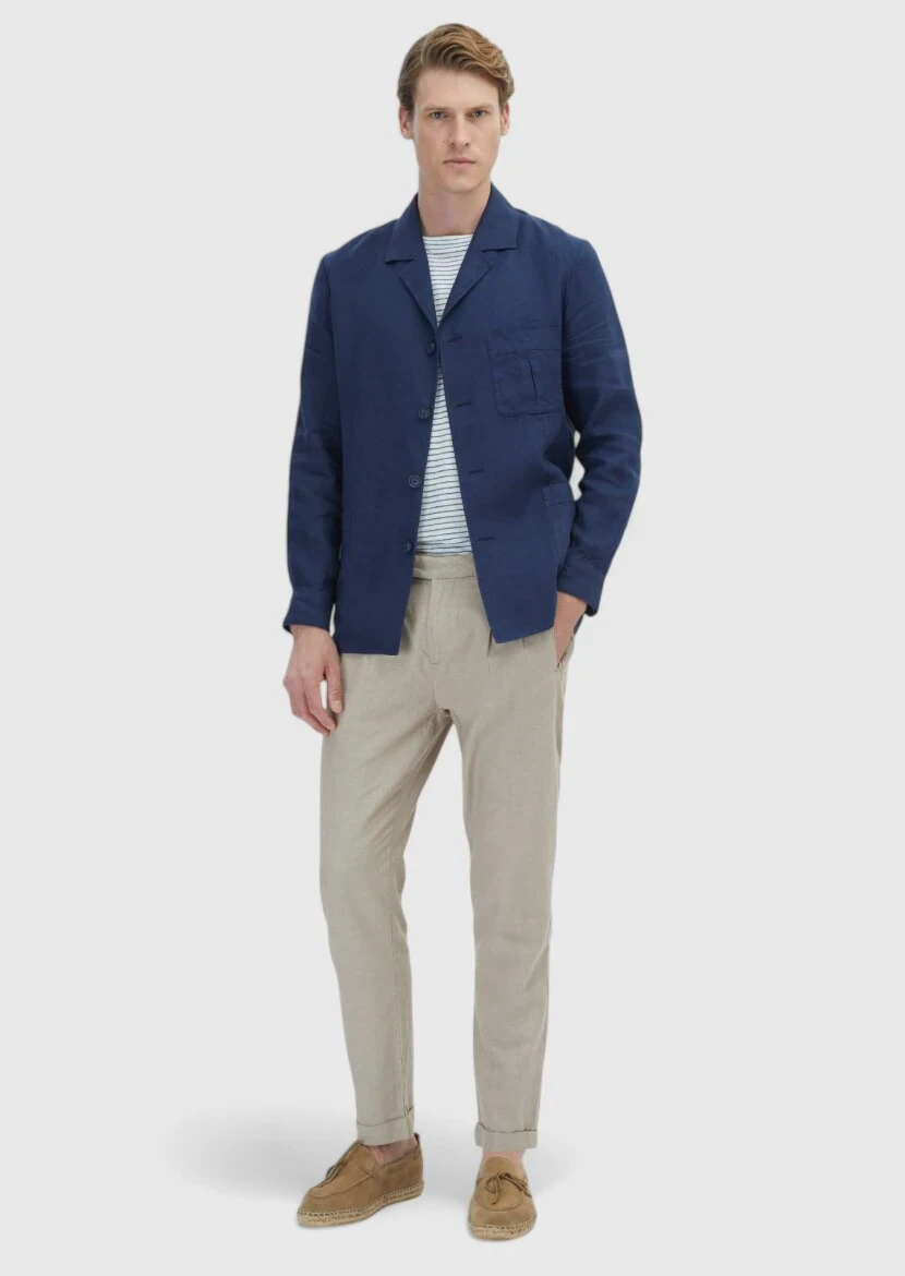 Navy Blue Plain Shirt Shoulder Slim Fit Cotton Blended Jacket - 2