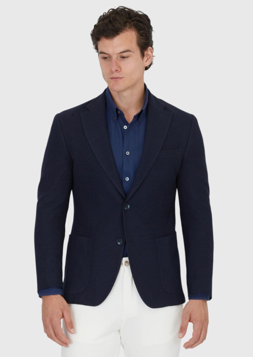 Navy Blue Plain Shirt Shoulder Slim Fit Cotton Blended Jacket - 3